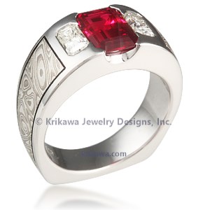 Mokume Flush Three-Stone Wedding Band